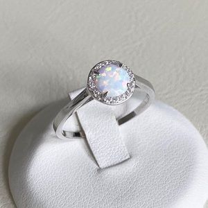 Sterling Silver Small White Lab Opal Ring with CZ